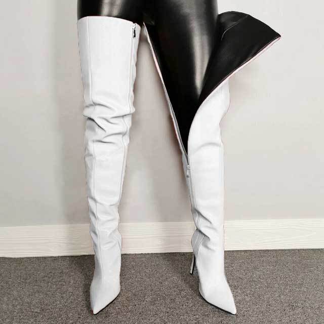 Pointed Toe Leather Zipper Over Knee Boots