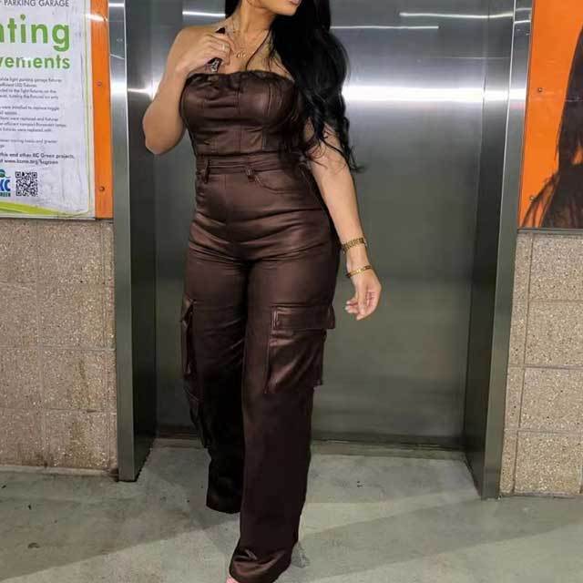 Leather Strapless Cargo Jumpsuit