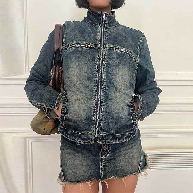 Vintage Style Denim Jacket Top Skirt Set