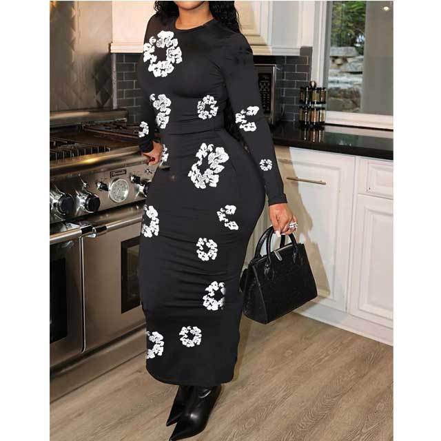 Printed Long Sleeve Slit Maxi Dress