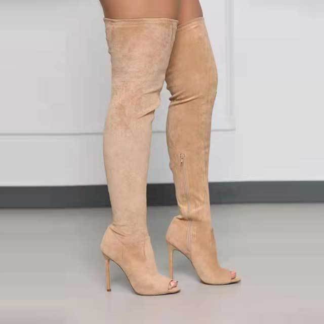 Open Toe High Heeled Suede Boots