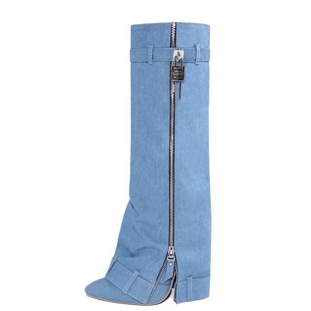 Shark Lock High Heeled Denim Boots