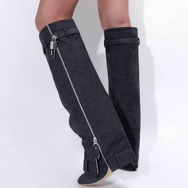 Shark Lock High Heeled Denim Boots