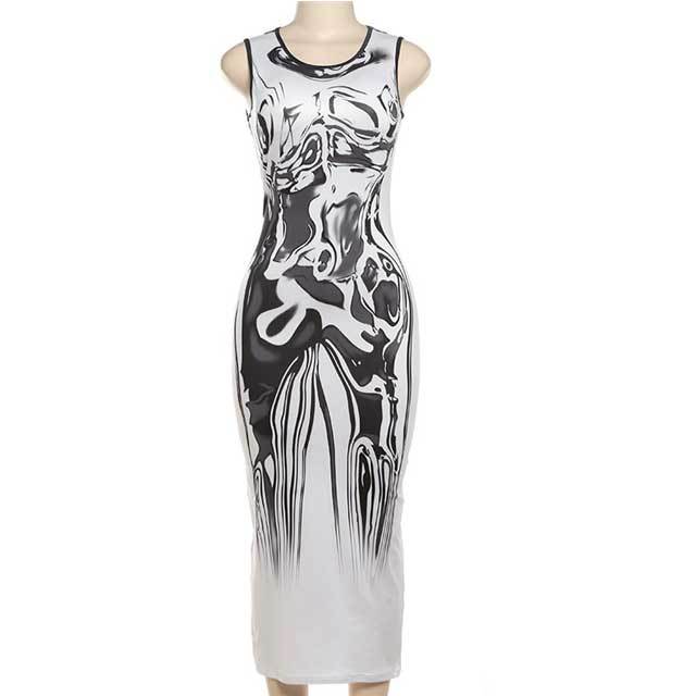 Abstract Print Sleeveless Maxi Dress