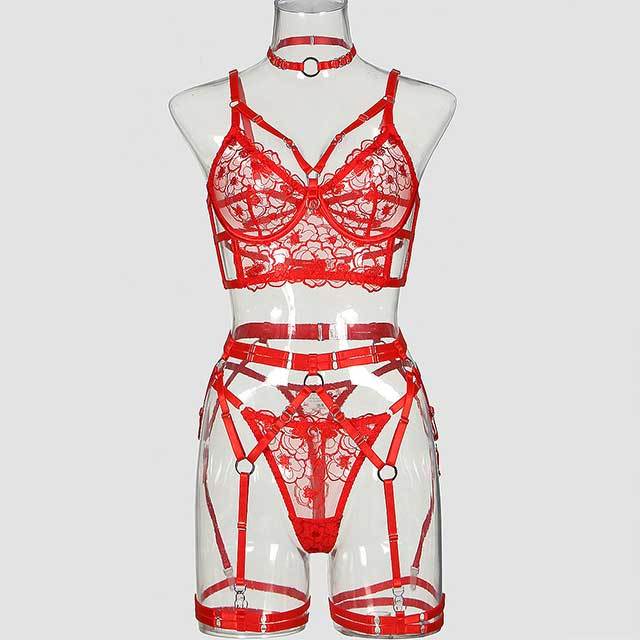 Hollow Out Embroidery Lace Lingerie Bra Set