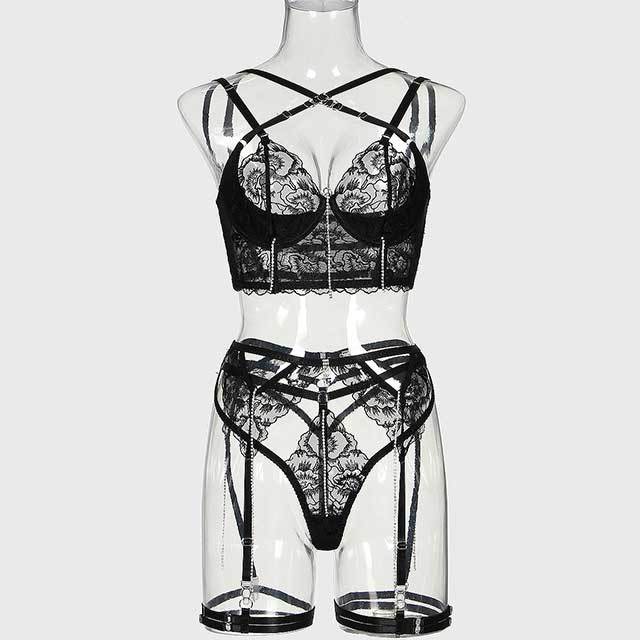 Embroidery Lace Rhinestone 4 Pieces Lingerie Set