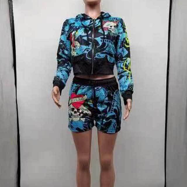 Printed Zipper Hoodie Top Short Set