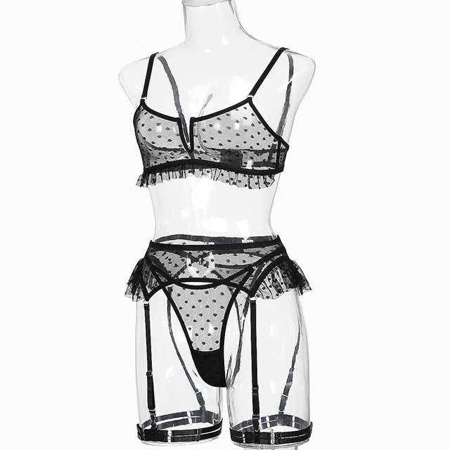 Printed Sheer Mesh Ruffled Lingerie Bra Set