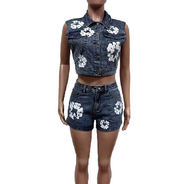 Printed Denim Jacket Top Short Set