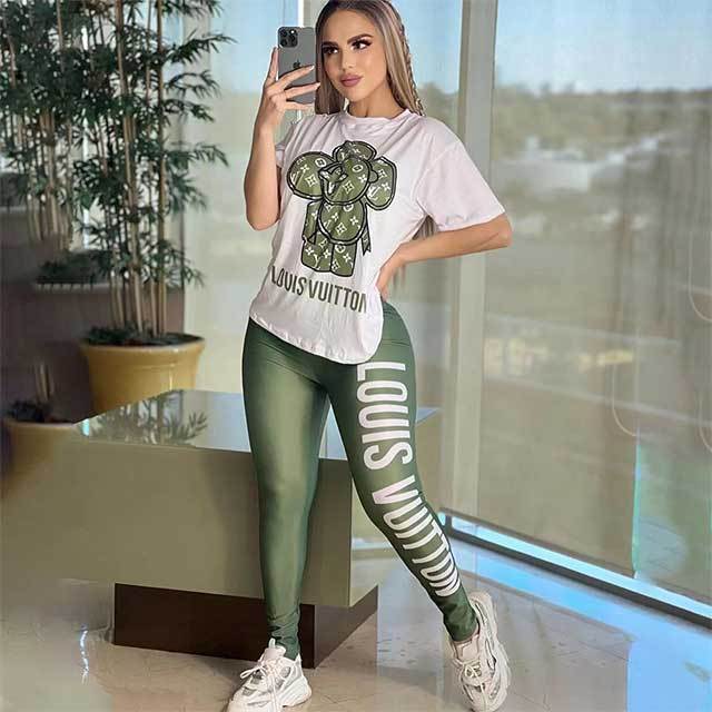 Casual Style Printed O Neck Tees Top Jogging Pant Set