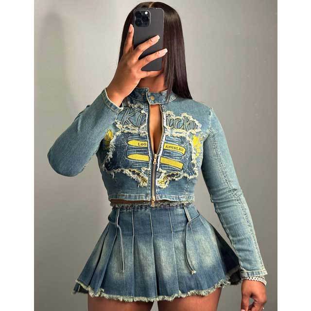 Denim Embroidery Jacket Top Pleated Skirt Set