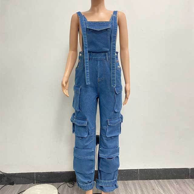 Multi Pockets Denim Backless Jumpsuit Overalls