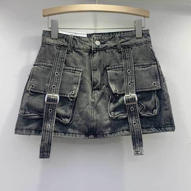 Buckle Strap Denim Cargo Skirt