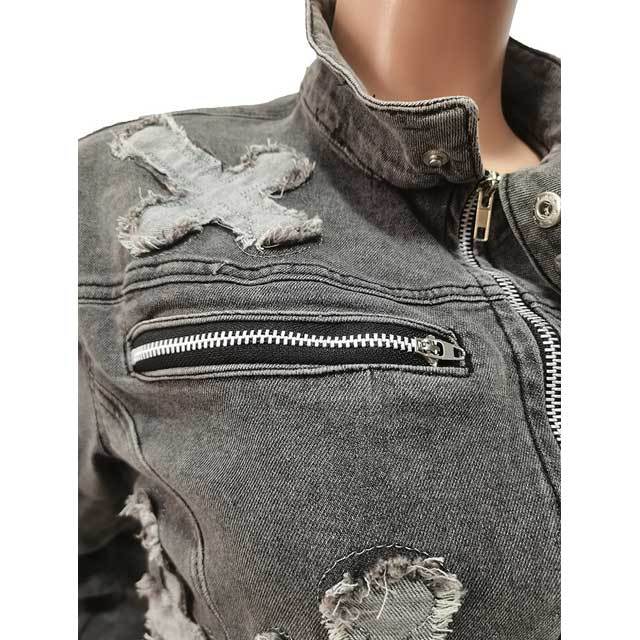Cross Design Denim Jacket Top Jeans Set