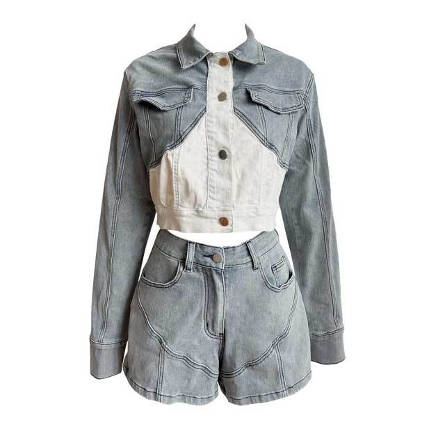 Color Block Denim Jacket Top Short Set