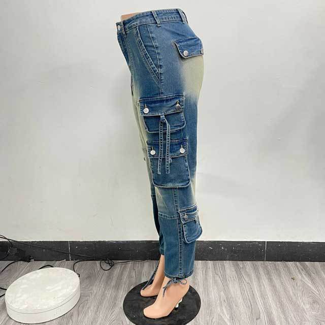 Multi Pockets Distressed Vintage Cargo Jeans