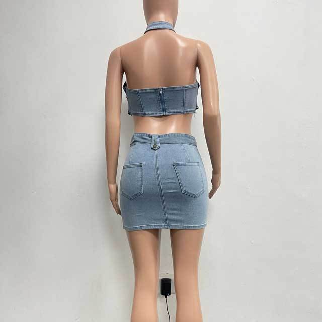 Denim Choker Top Mini Skirt Set