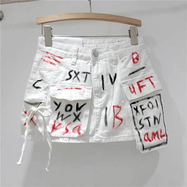 Graffiti Denim Cargo Skirt