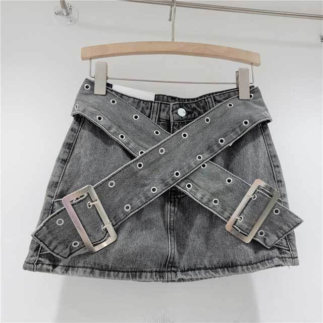 Buckle Strap Denim Cargo Skirt