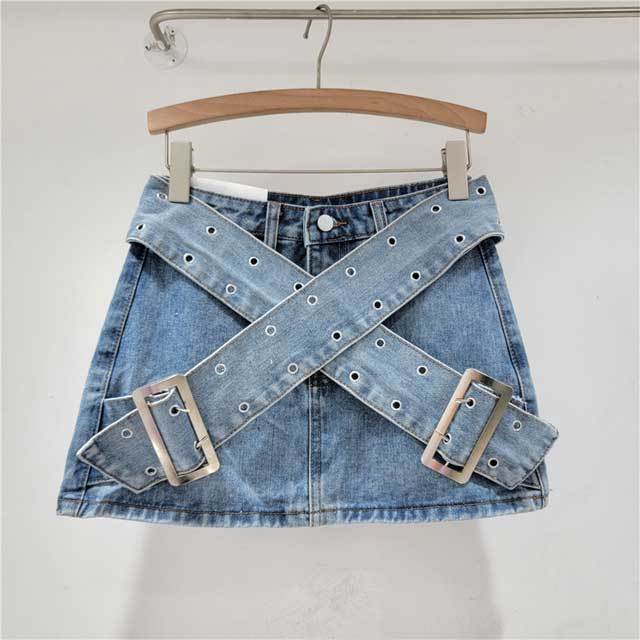 Buckle Strap Denim Cargo Skirt