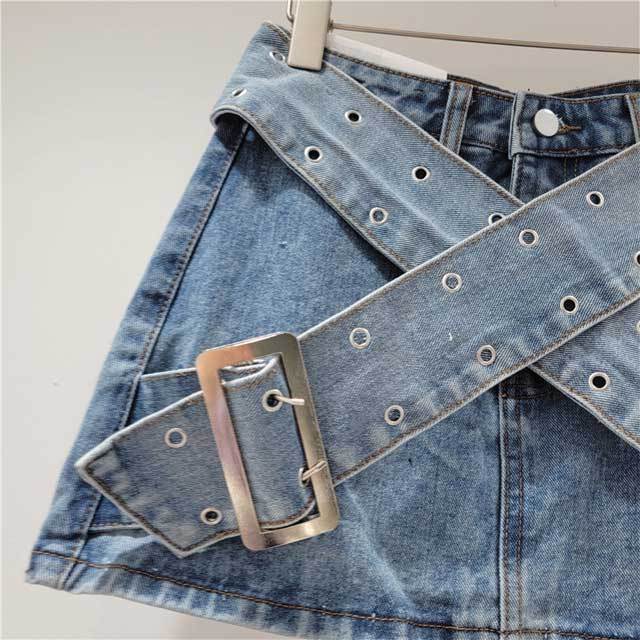 Buckle Strap Denim Cargo Skirt