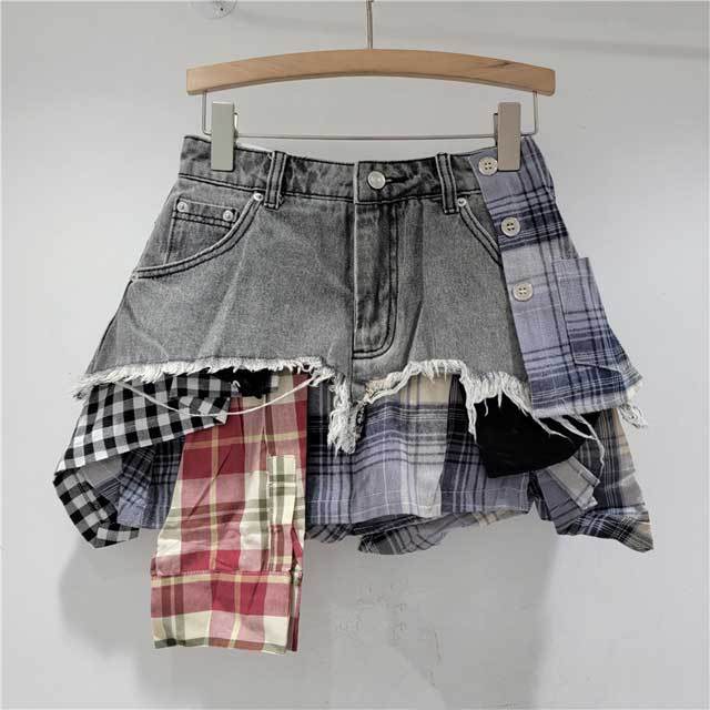 Plaid Patchwork Denim Irregular Skirt