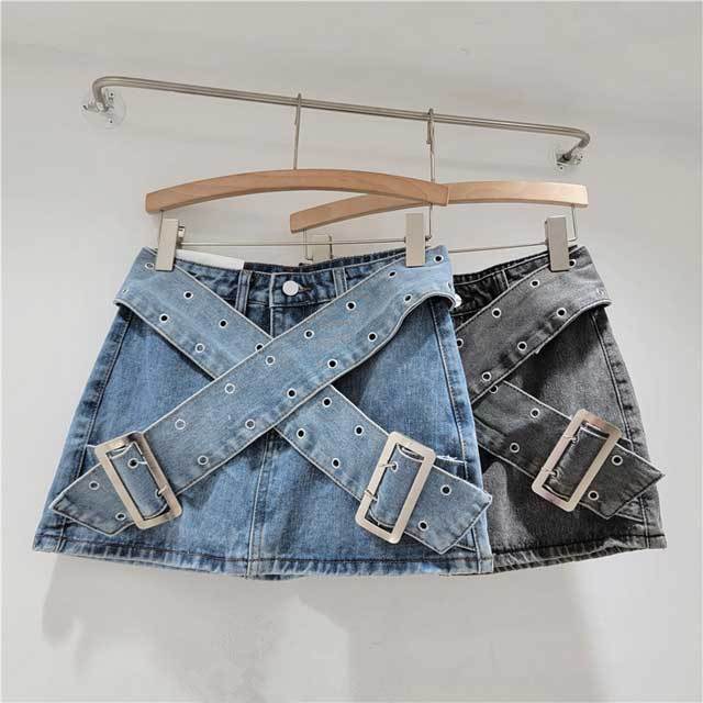 Buckle Strap Denim Cargo Skirt