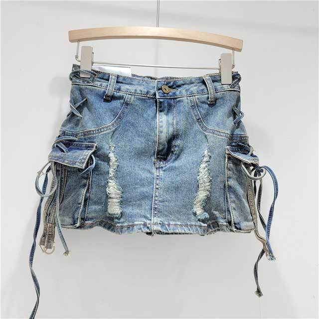 Strappy Ripped Denim Skirt