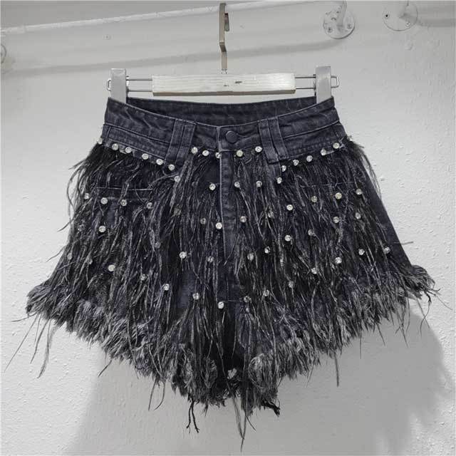 Rhinestones Feather Denim Shorts