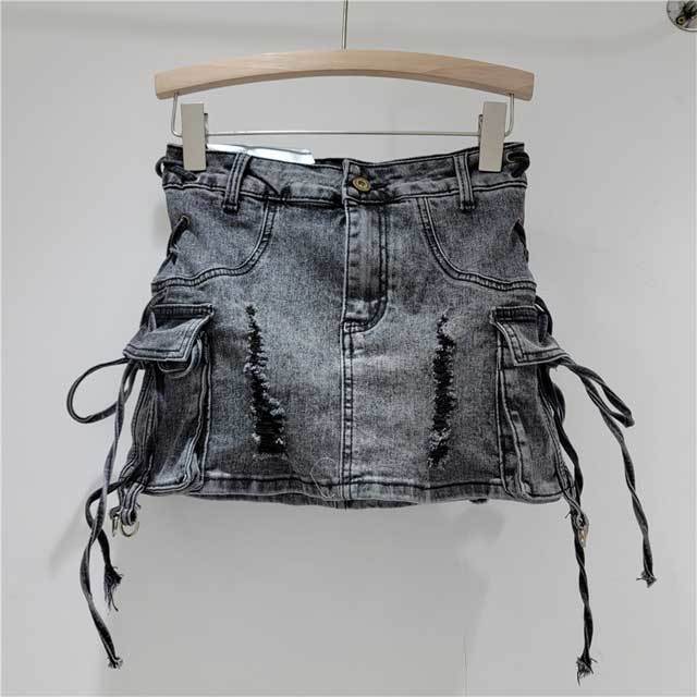 Strappy Ripped Denim Skirt