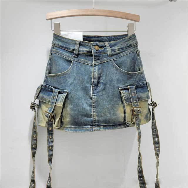 High Waist Denim Cargo Skirt