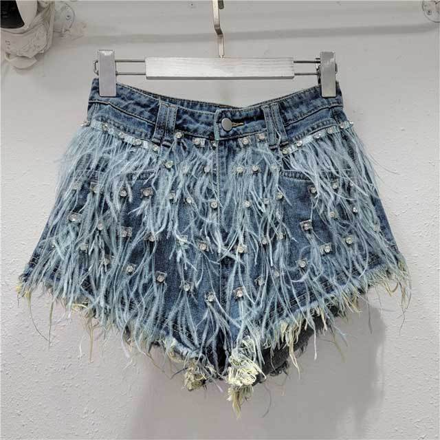 Rhinestones Feather Denim Shorts