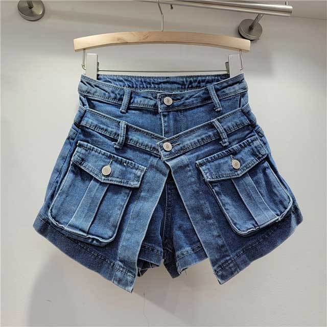 Fake Two Piece High Waist Denim Cargo Shorts