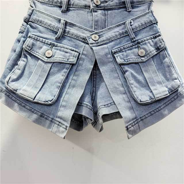 Fake Two Piece High Waist Denim Cargo Shorts