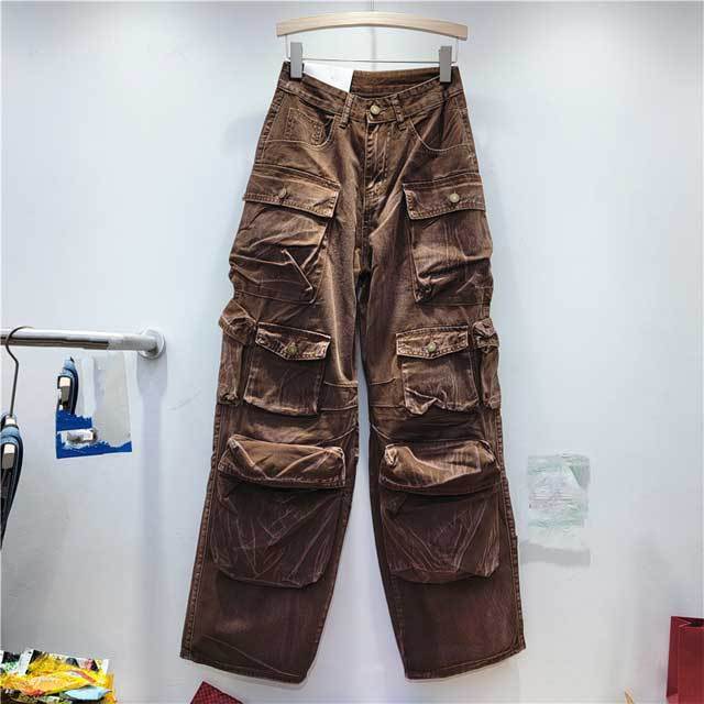 Multi Pockets High Waist Casual Cargo Jeans