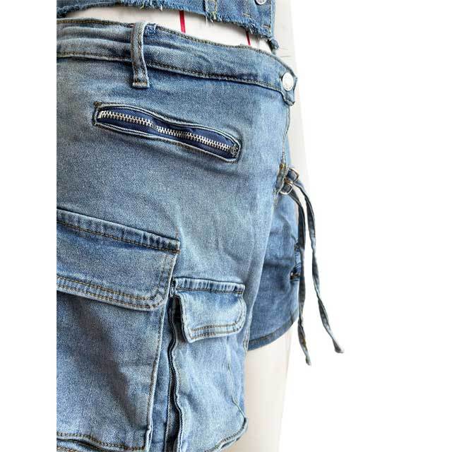 Denim Strapless Top Irregular Cargo Short Set