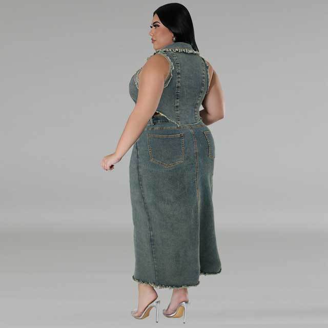 Plus Size Denim Sleeveless Top Slit Skirt Set