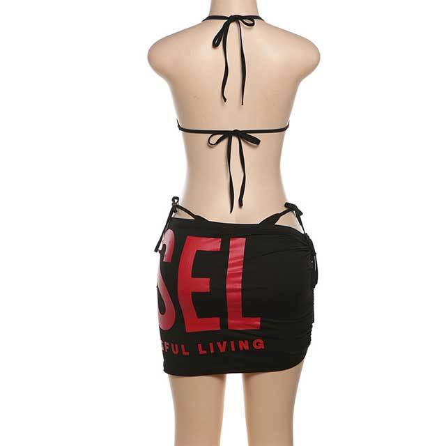 Printed Bra Top Ruched Skirt Set