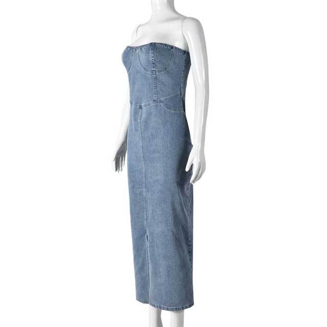 Denim Lace-Up Strapless Maxi Dress