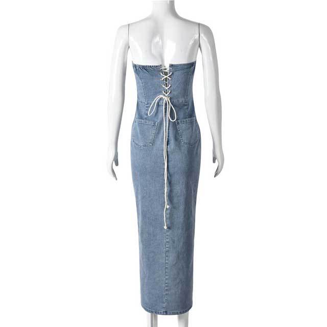 Denim Lace-Up Strapless Maxi Dress