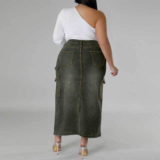 Plus Size Denim Slit Maxi Skirt