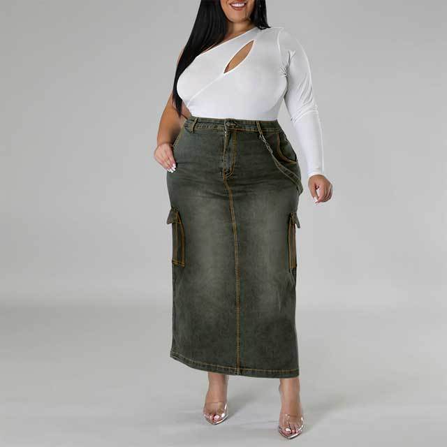 Plus Size Denim Slit Maxi Skirt