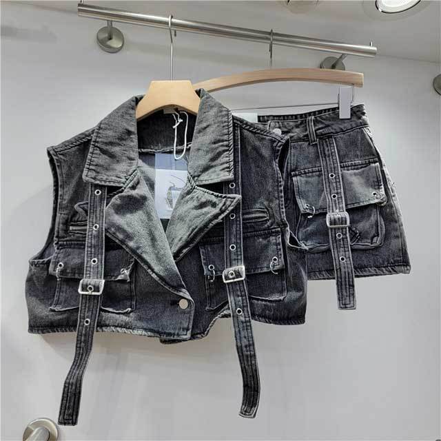 Denim Cargo Vest Top Skirt Set