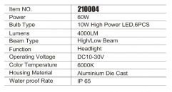 7 Inch Round LED Headlight for Trucks 60W 6000K 10W High Power LED 6Leds 4000LM 12V IP65 High Low Beam