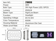 5 Inch Square LED Headlight for Trucks 39W 6000K 3W High Power LED 13Leds 2500LM 12V IP65 High Low Beam