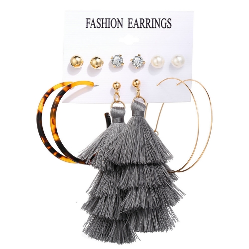 Retro tassel earrings leopard print metal ring love pearl earring set