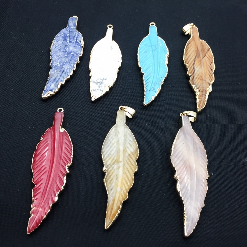 Hand Carved Natural Gemstone Feather & Leaf Charm Pendant for Making Jewelry