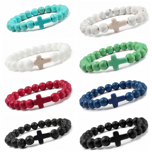 Turquoise Cross Bracelets for Women Men 8mm Natural Stone Stretch Elastic Chakra Jewelry