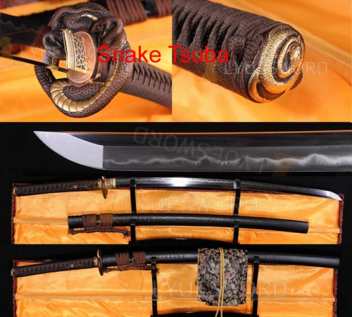 Full Hanmade Japanese Katana Folded Steel Clay Tempered Real Hamon Snake Tsuba Razor Sharp Blade