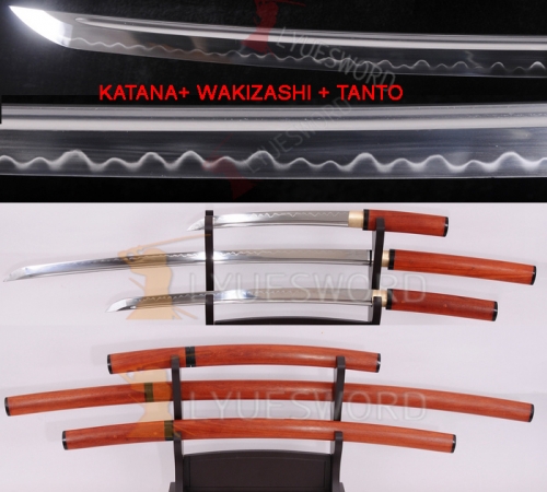 Hand Forged Polish Razor Sharp Blade Clay Tempered Shirasaya Katana + Wakizashi + Tanto Japanese Sword Set High Quality Wood